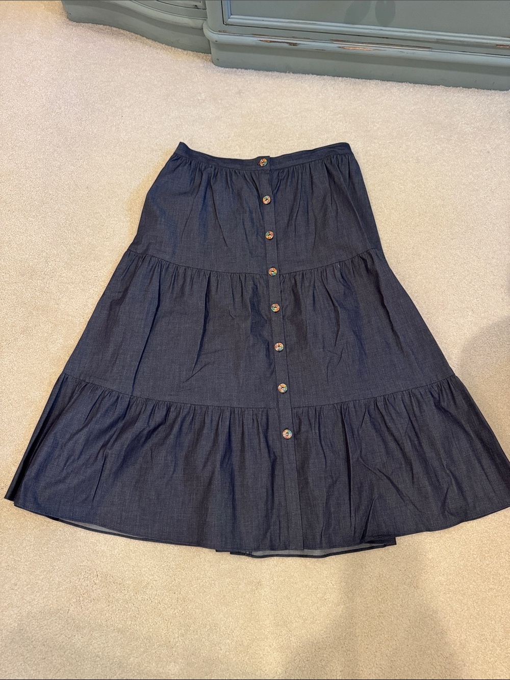 Button-Front Tiered Midi Skirt - Navy/Denim